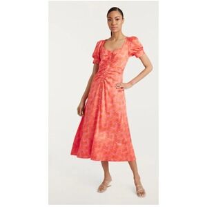Cinq a Sept Ximena‎ Orange Print Midi Dress Puff Sleeve Button Front Size 4